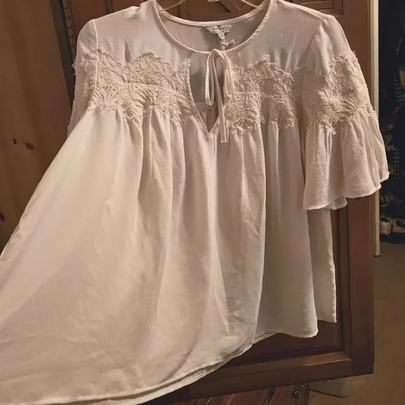 Lucky Brand White Peasant Keyhole Lace Accent Oversized Womens Top Blouse Size S - Picture 3 of 7